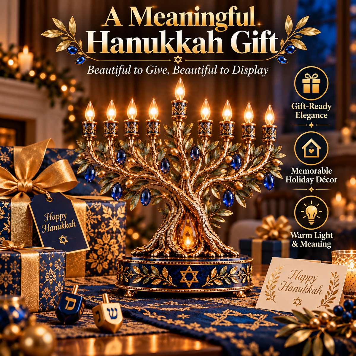 ✡️✨ Radiant Olive Tree™ – 9-Light LED Hanukkah Menorah | Royal Blue & Gold Holiday Centerpiece
