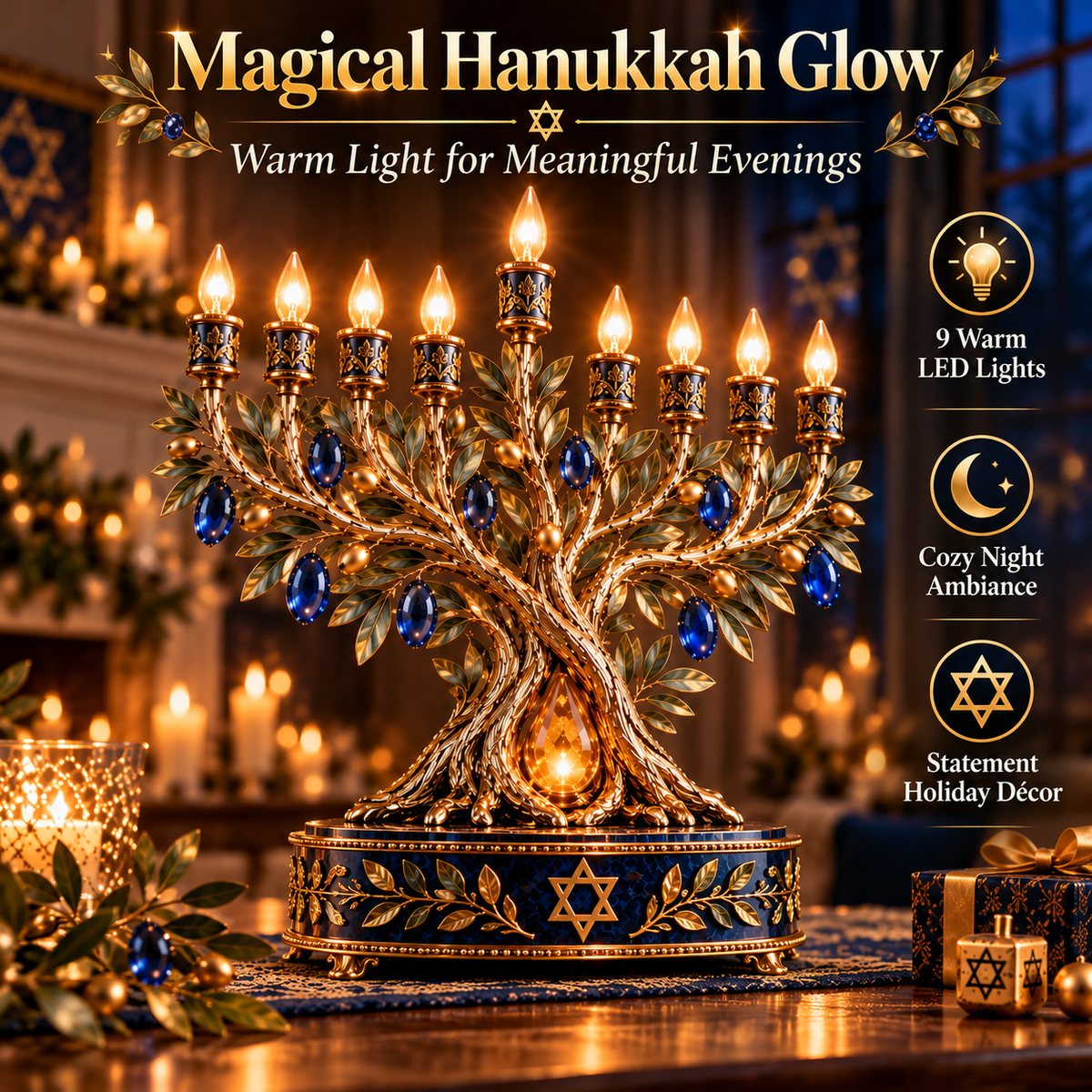✡️✨ Radiant Olive Tree™ – 9-Light LED Hanukkah Menorah | Royal Blue & Gold Holiday Centerpiece