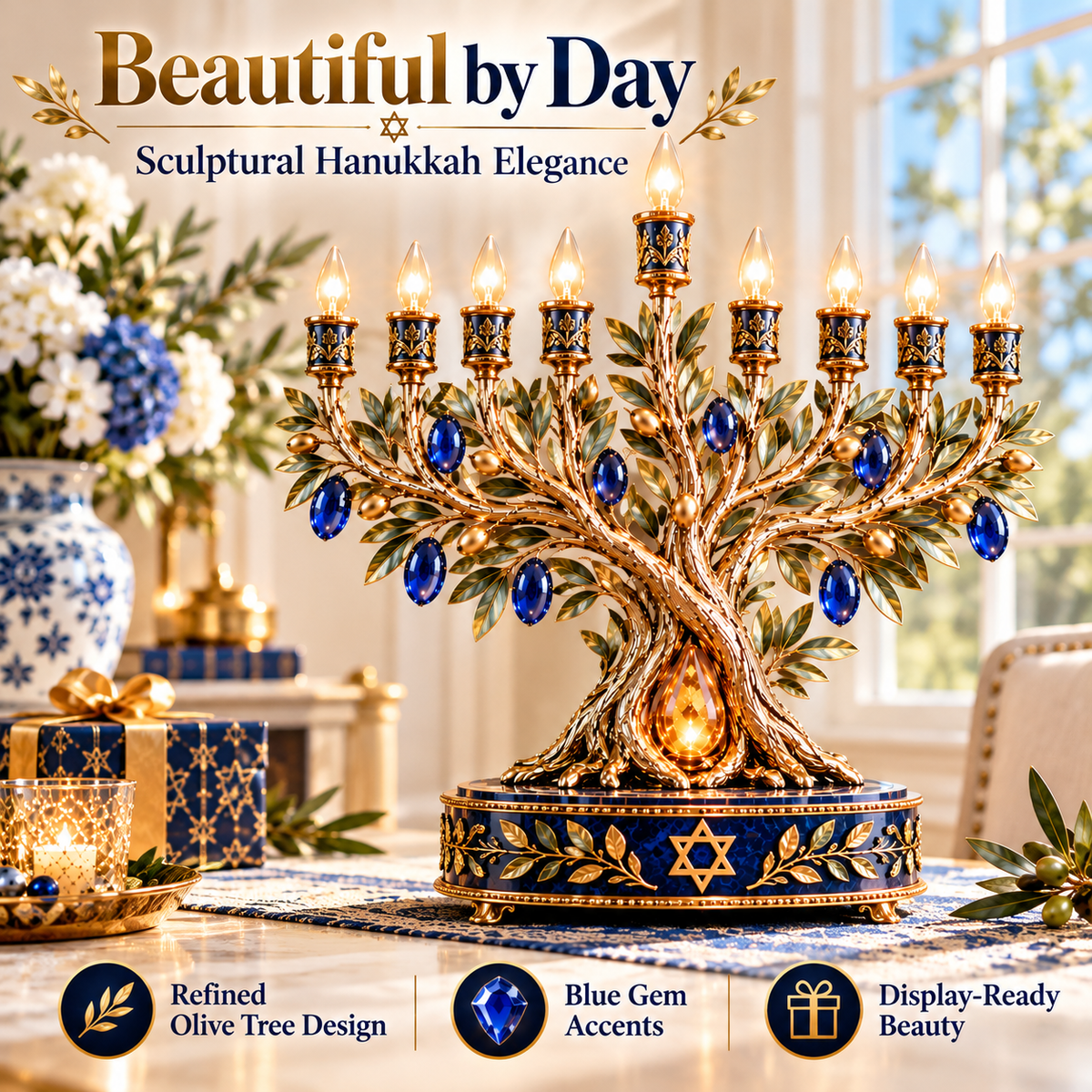 ✡️✨ Radiant Olive Tree™ – 9-Light LED Hanukkah Menorah | Royal Blue & Gold Holiday Centerpiece