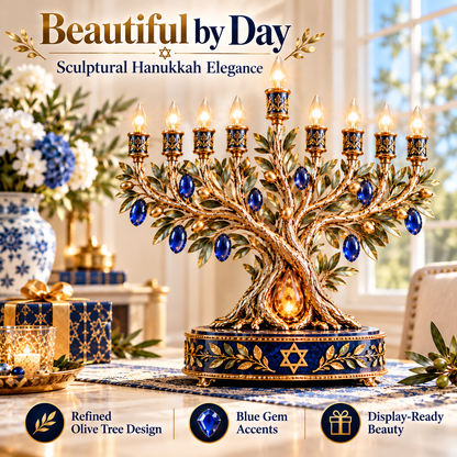 ✡️✨ Radiant Olive Tree™ – 9-Light LED Hanukkah Menorah | Royal Blue & Gold Holiday Centerpiece