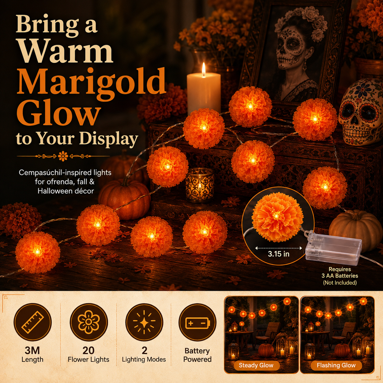 New Arrival 50% OFF! 🌼 Artificial Marigold Flower Led String Light – Perfect For Day Of The Dead & Halloween, 20 Leds. Create A Festive Altar Or Spooky Porch! 🕯️🎃🧡