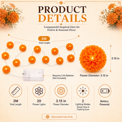 New Arrival 50% OFF! 🌼 Artificial Marigold Flower Led String Light – Perfect For Day Of The Dead & Halloween, 20 Leds. Create A Festive Altar Or Spooky Porch! 🕯️🎃🧡