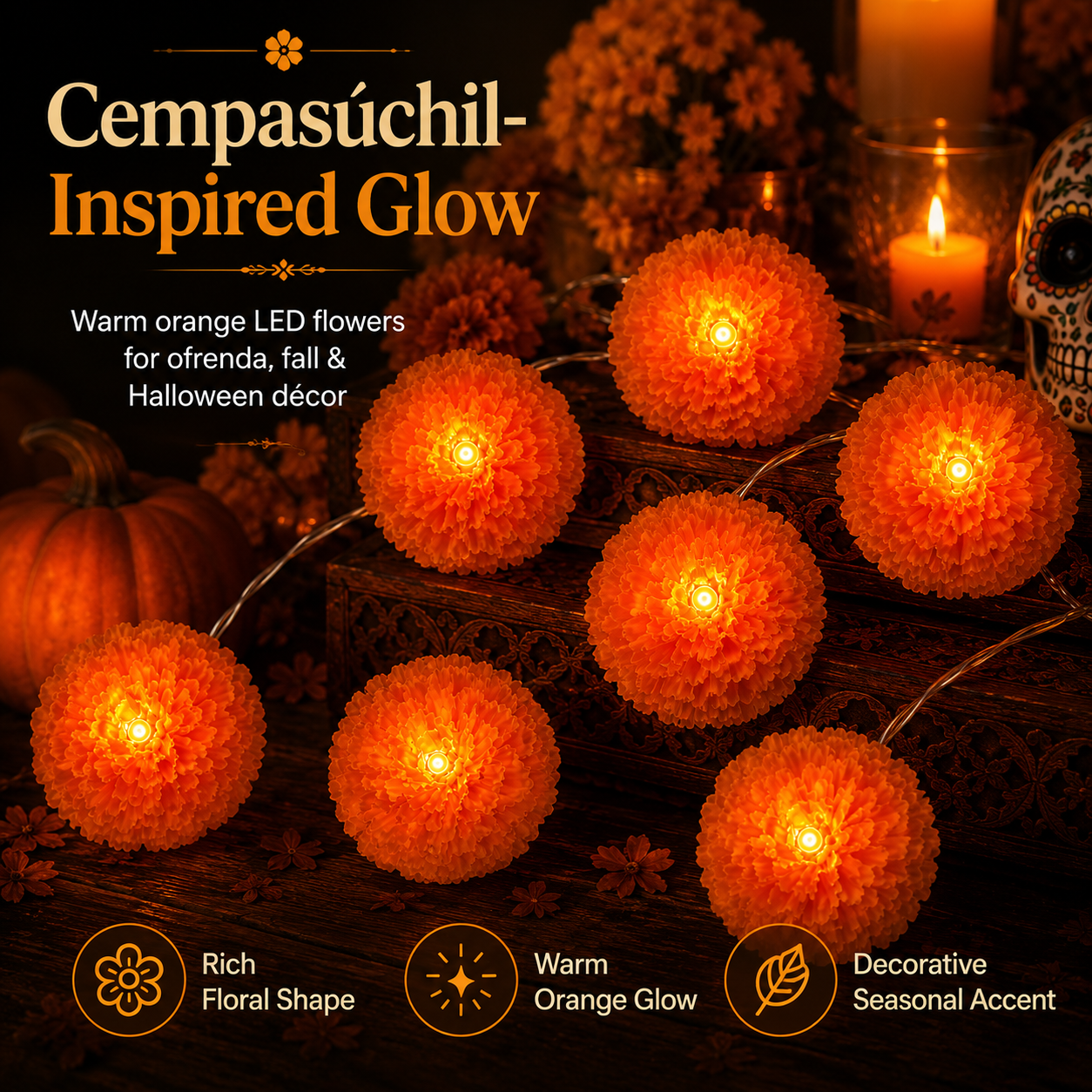 New Arrival 50% OFF! 🌼 Artificial Marigold Flower Led String Light – Perfect For Day Of The Dead & Halloween, 20 Leds. Create A Festive Altar Or Spooky Porch! 🕯️🎃🧡
