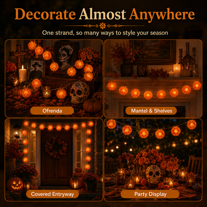 New Arrival 50% OFF! 🌼 Artificial Marigold Flower Led String Light – Perfect For Day Of The Dead & Halloween, 20 Leds. Create A Festive Altar Or Spooky Porch! 🕯️🎃🧡