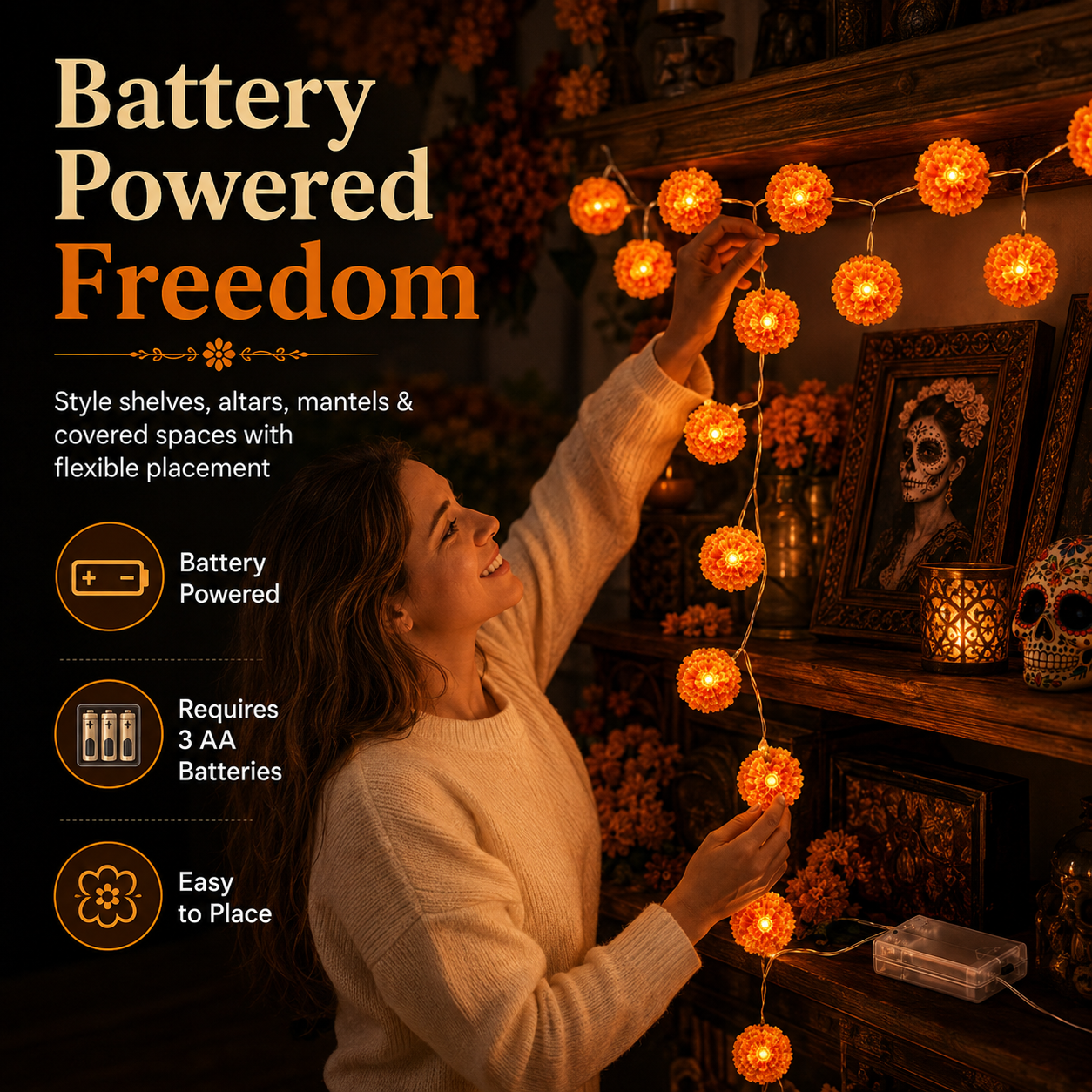 New Arrival 50% OFF! 🌼 Artificial Marigold Flower Led String Light – Perfect For Day Of The Dead & Halloween, 20 Leds. Create A Festive Altar Or Spooky Porch! 🕯️🎃🧡
