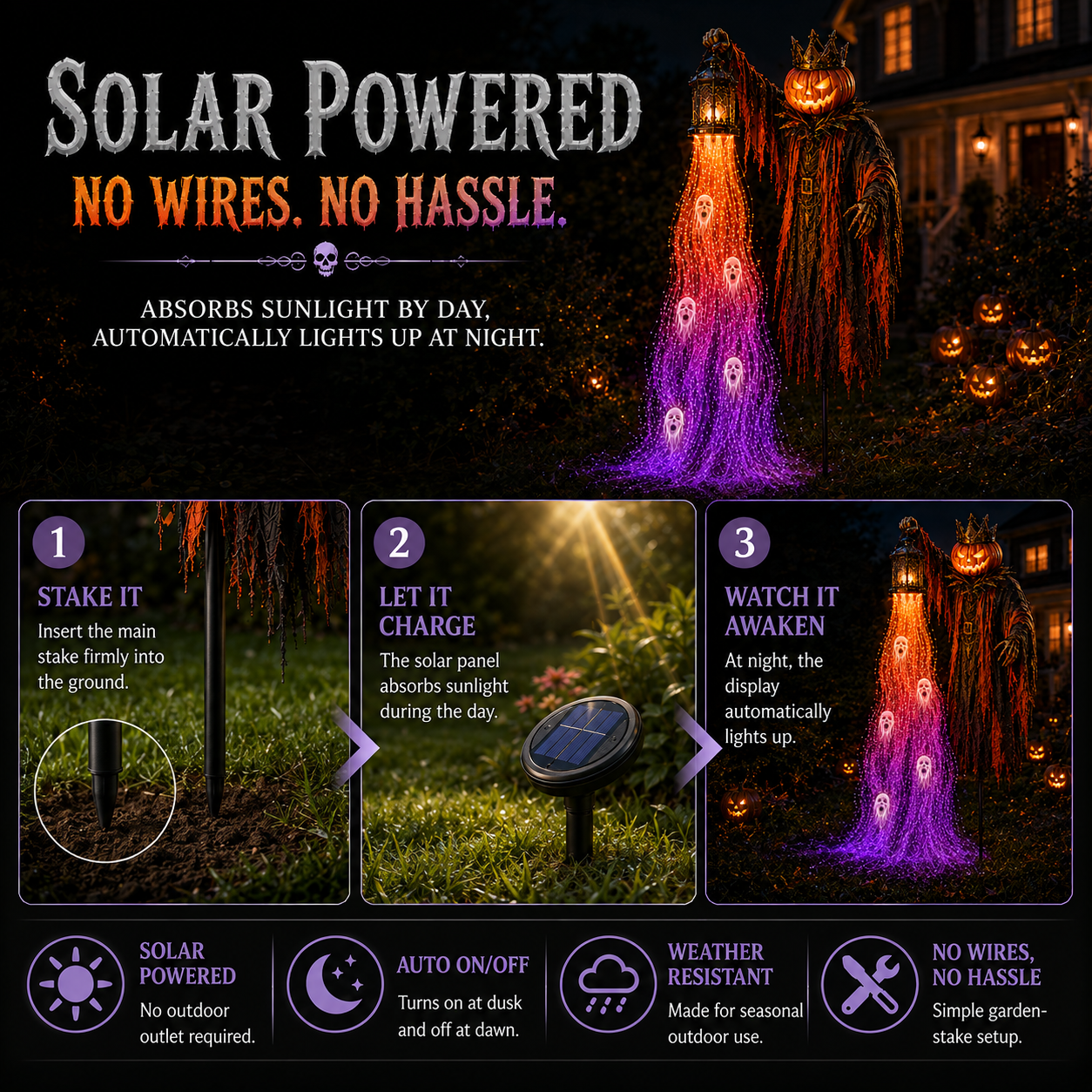 Three-step installation for The Crowned Harvest Warden solar Halloween garden light