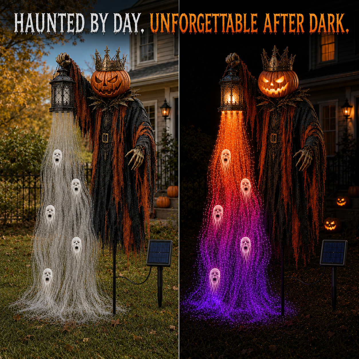 Day and night comparison of The Crowned Harvest Warden solar Halloween display
