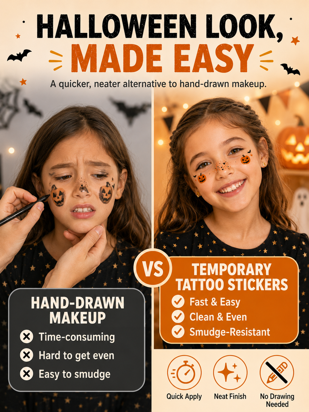 🔥Hot Sale - 50% OFF🔥🎃 Halloween Style ✨ Pumpkin, Bat & Moon Temporary Face Tattoo Stickers for Spooky Party Looks