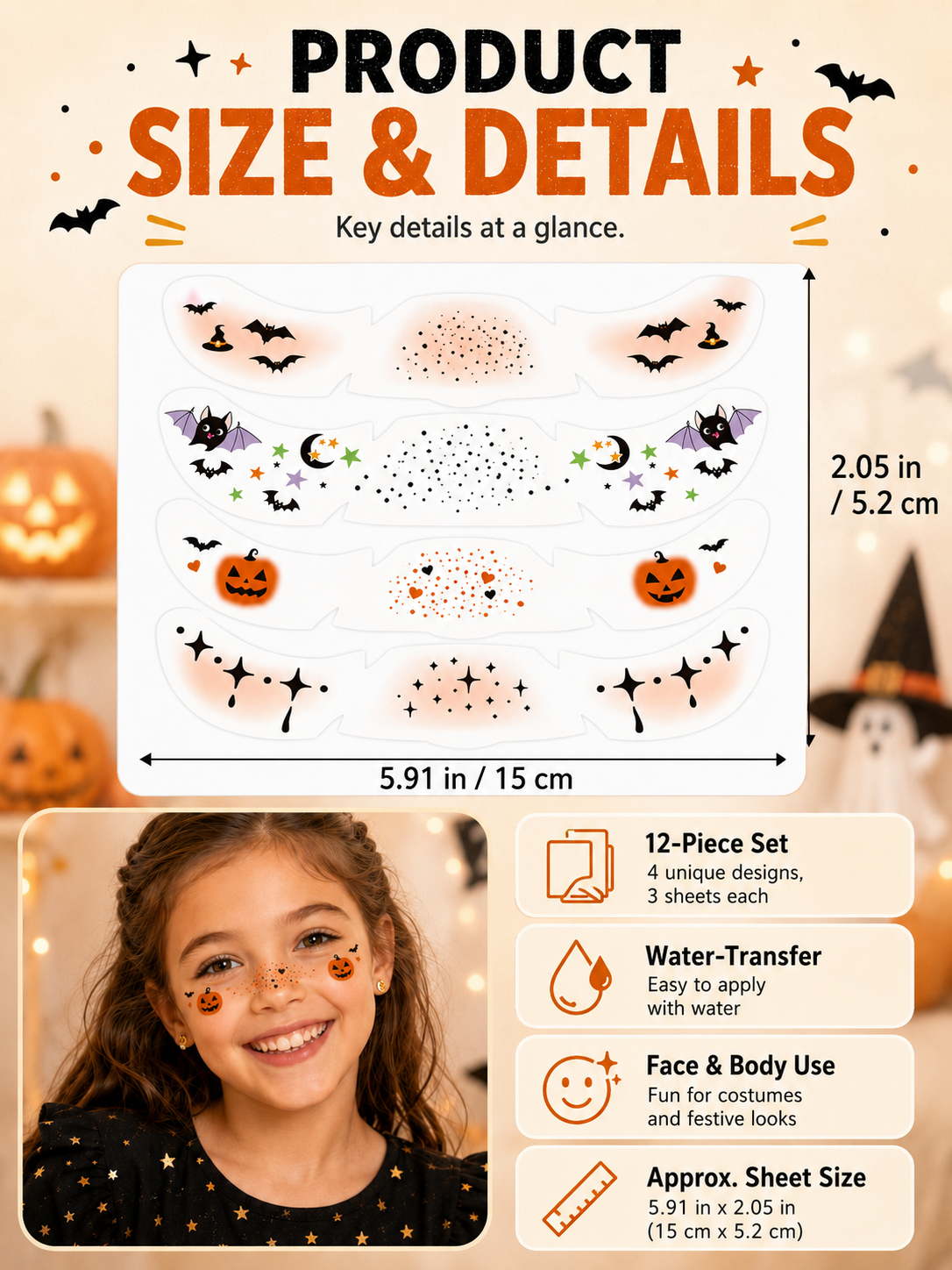 🔥Hot Sale - 50% OFF🔥🎃 Halloween Style ✨ Pumpkin, Bat & Moon Temporary Face Tattoo Stickers for Spooky Party Looks