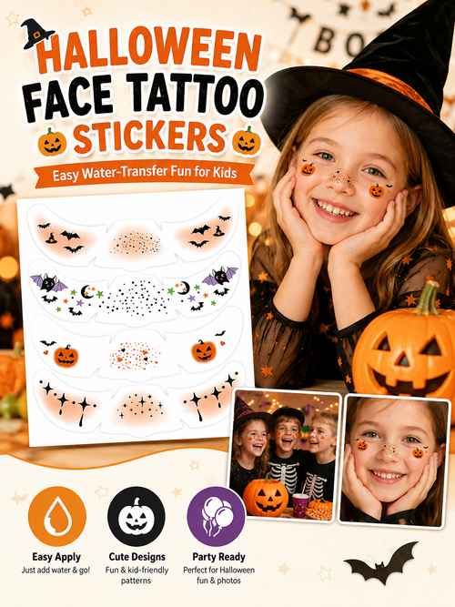 🔥Hot Sale - 50% OFF🔥🎃 Halloween Style ✨ Pumpkin, Bat & Moon Temporary Face Tattoo Stickers for Spooky Party Looks