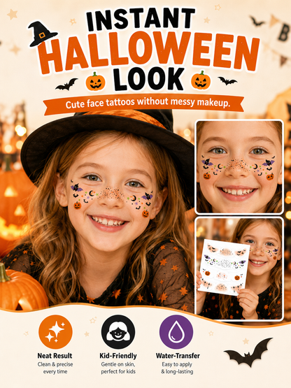 🔥Hot Sale - 50% OFF🔥🎃 Halloween Style ✨ Pumpkin, Bat & Moon Temporary Face Tattoo Stickers for Spooky Party Looks