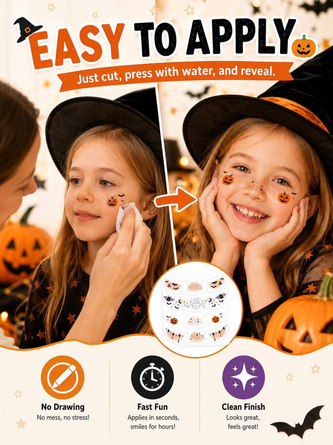 🔥Hot Sale - 50% OFF🔥🎃 Halloween Style ✨ Pumpkin, Bat & Moon Temporary Face Tattoo Stickers for Spooky Party Looks