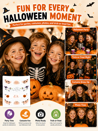 🔥Hot Sale - 50% OFF🔥🎃 Halloween Style ✨ Pumpkin, Bat & Moon Temporary Face Tattoo Stickers for Spooky Party Looks