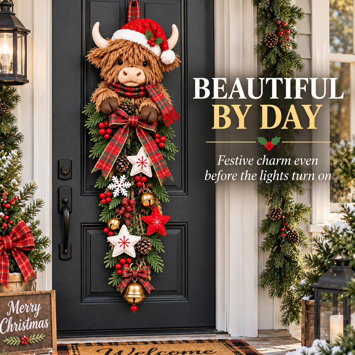 ✨🎄 Lighted Highland Cow Christmas Door Swag – A Cozy Holiday Welcome