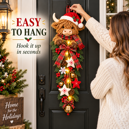 ✨🎄 Lighted Highland Cow Christmas Door Swag – A Cozy Holiday Welcome