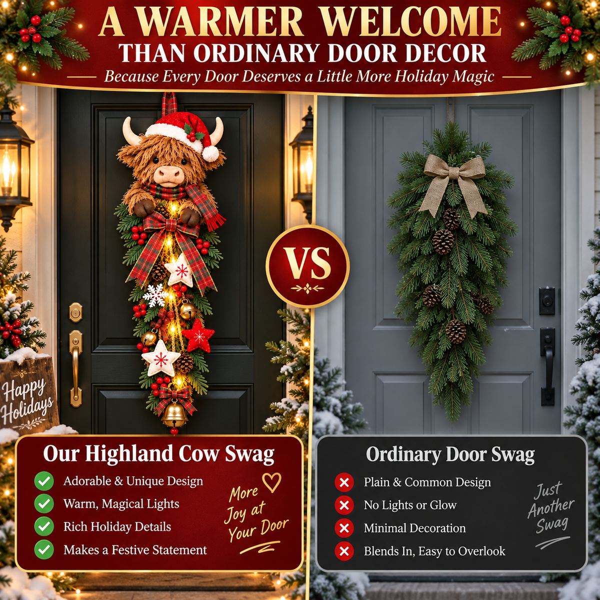 ✨🎄 Lighted Highland Cow Christmas Door Swag – A Cozy Holiday Welcome