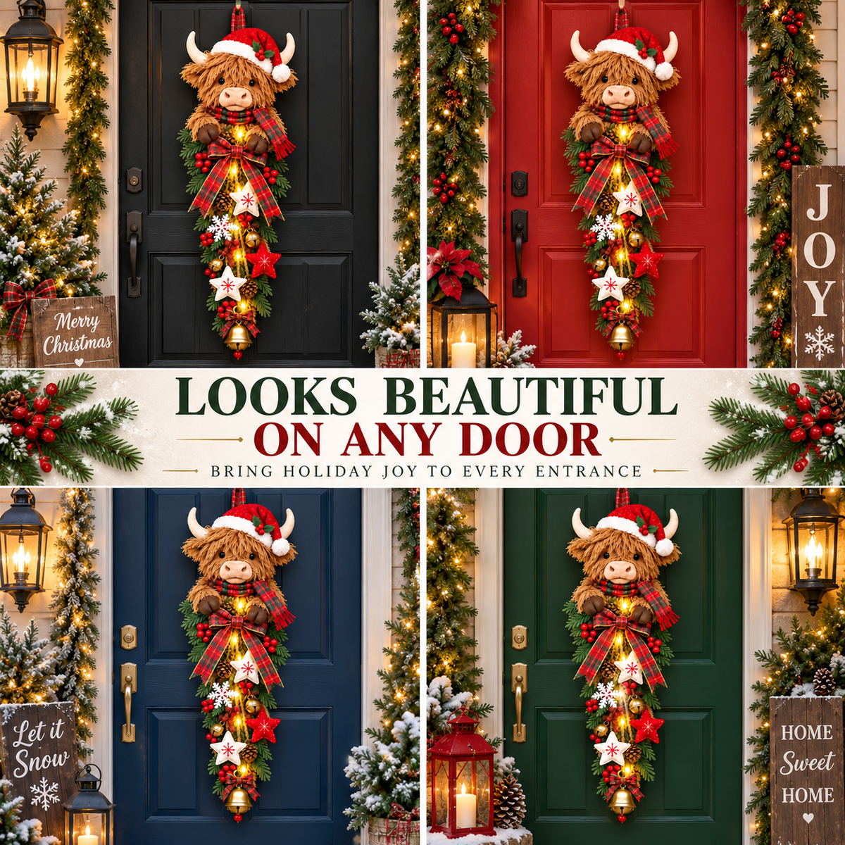 ✨🎄 Lighted Highland Cow Christmas Door Swag – A Cozy Holiday Welcome