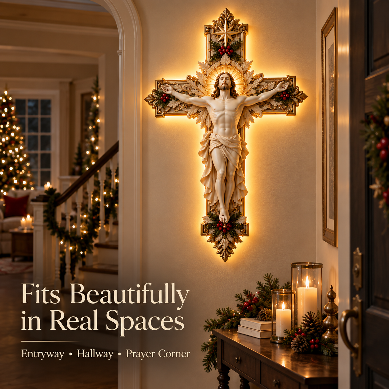 Holy Light Cross displayed in an entryway