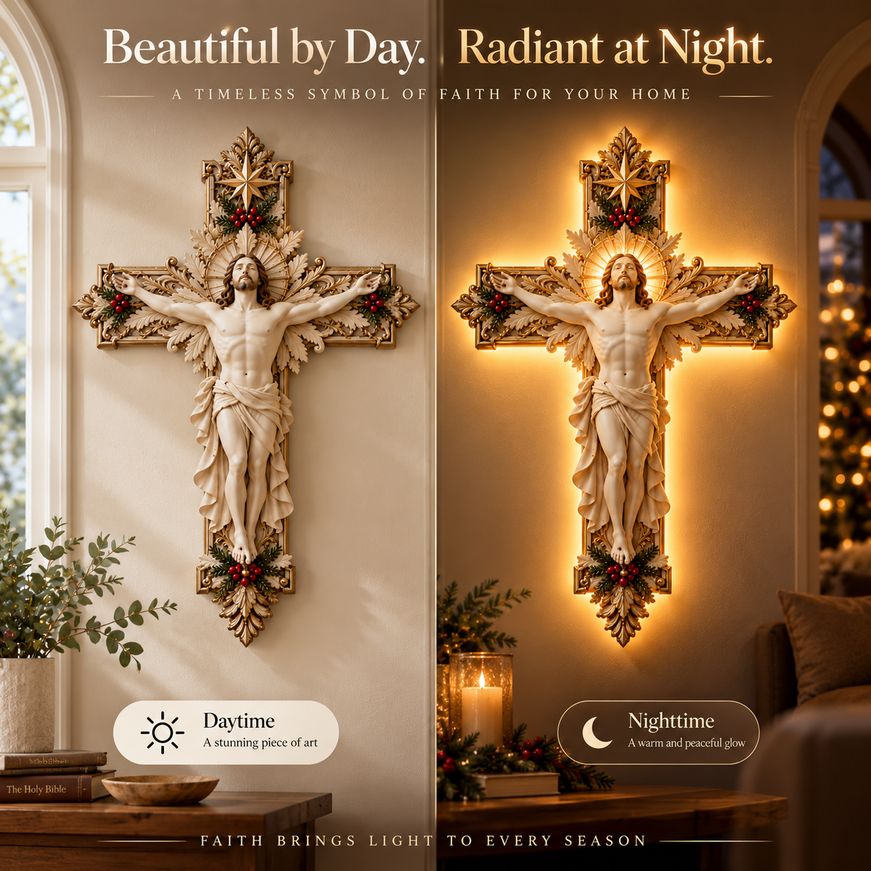 Holy Light Cross daytime and nighttime comparison