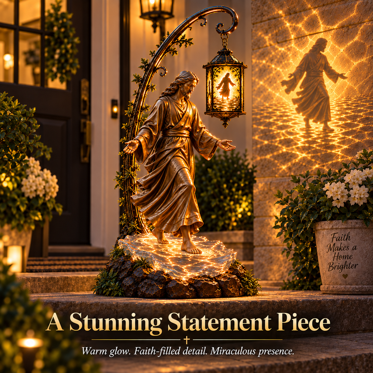 Faith projection garden lantern as a statement piece at a home entrance