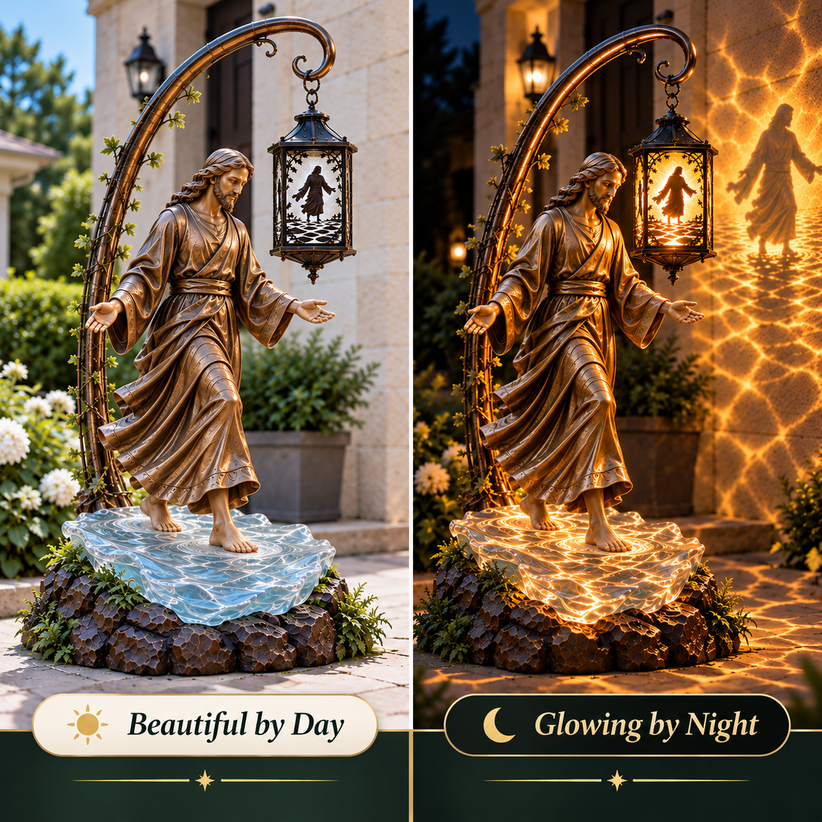 Walking on Water garden lantern shown by day and glowing by night