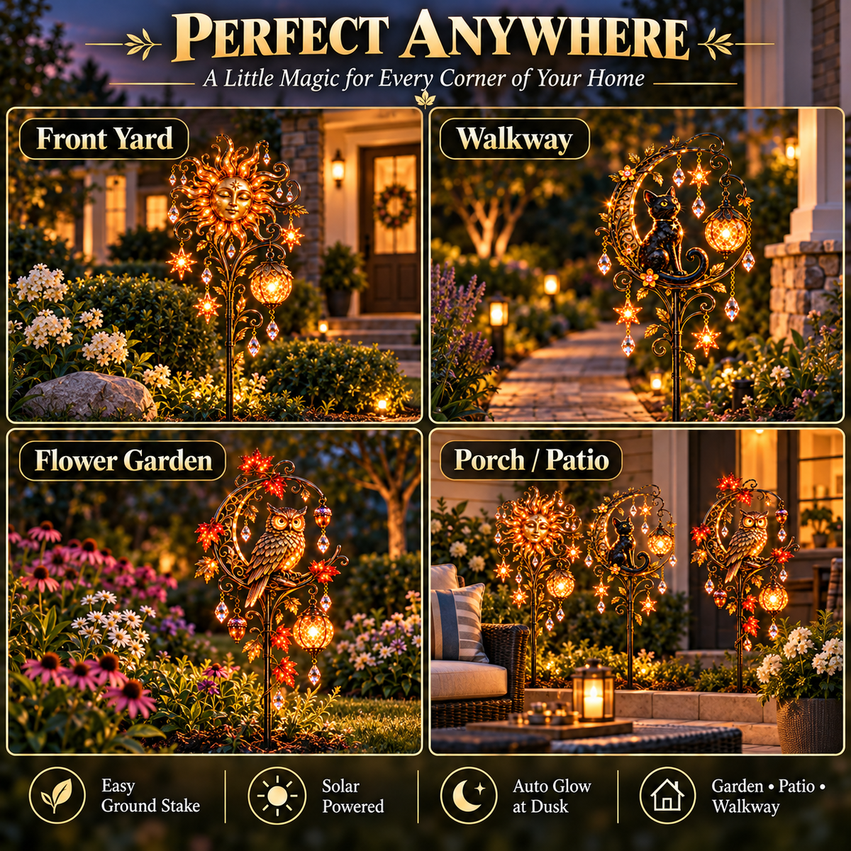 Solar garden stakes displayed in front yard walkway flower garden and patio