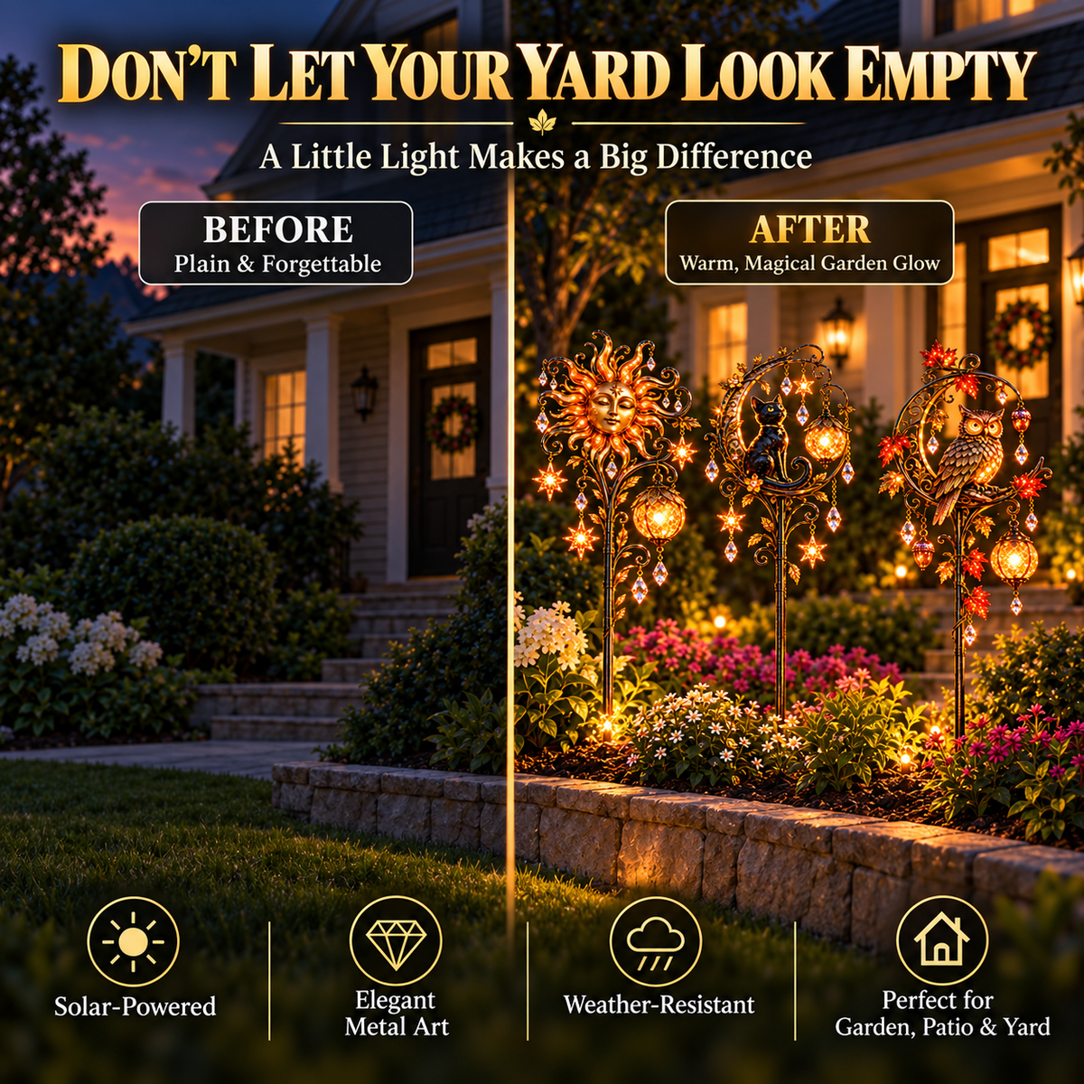 Garden before and after adding illuminated garden stakes