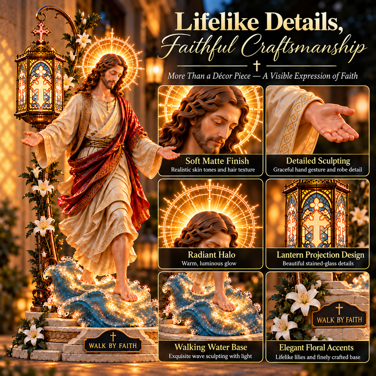 Detailed sculpting and lantern features of Walk by Faith reflection light