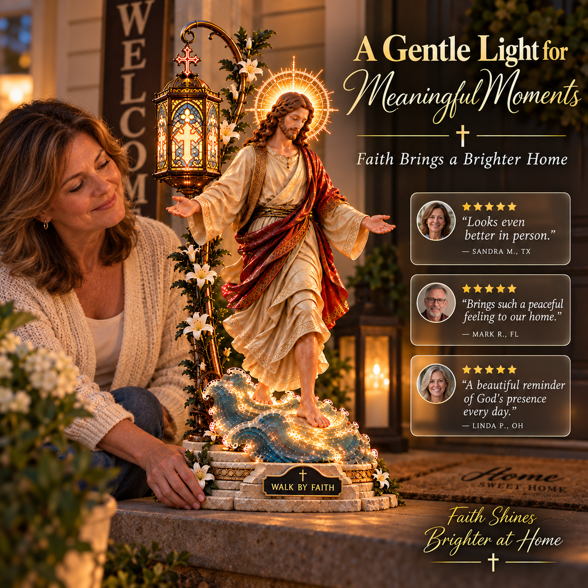 Walk by Faith Jesus light displayed beside a real person