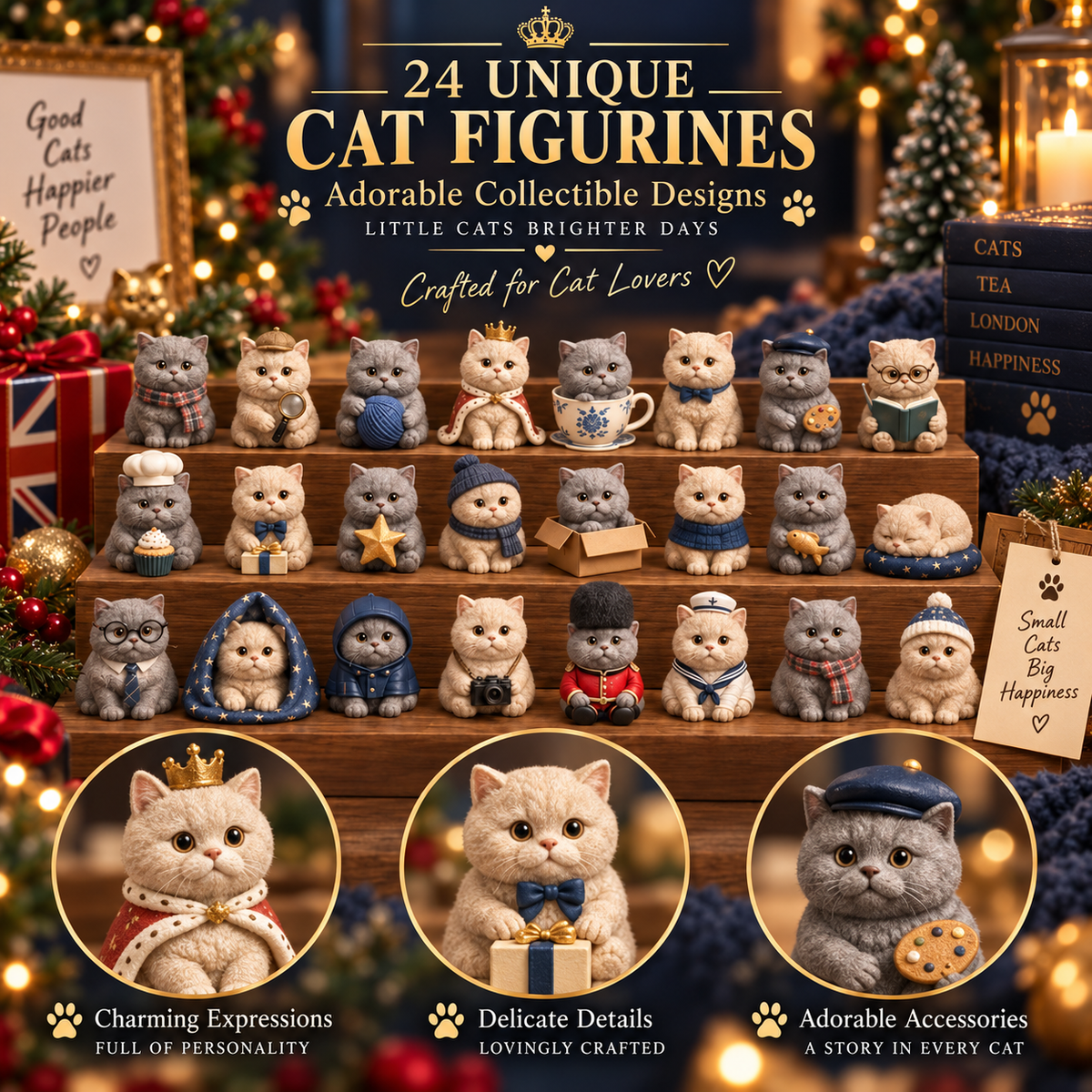 🎄✨3D Sculpted British Shorthair Blind Box – 24-Day Festive Countdown, Collectible Miniatures – Gift for Cat Lovers
