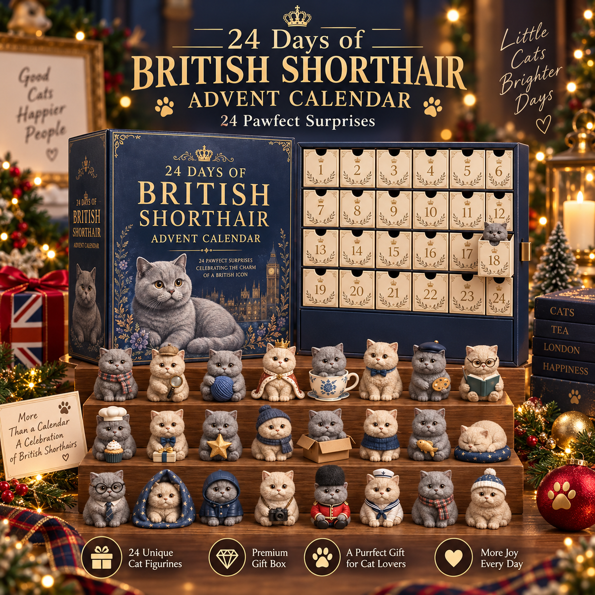 🎄✨3D Sculpted British Shorthair Blind Box – 24-Day Festive Countdown, Collectible Miniatures – Gift for Cat Lovers