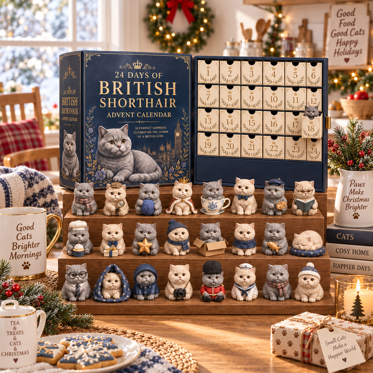 🎄✨3D Sculpted British Shorthair Blind Box – 24-Day Festive Countdown, Collectible Miniatures – Gift for Cat Lovers