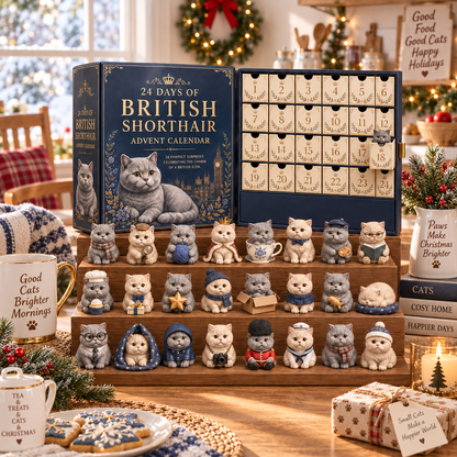 🎄✨3D Sculpted British Shorthair Blind Box – 24-Day Festive Countdown, Collectible Miniatures – Gift for Cat Lovers