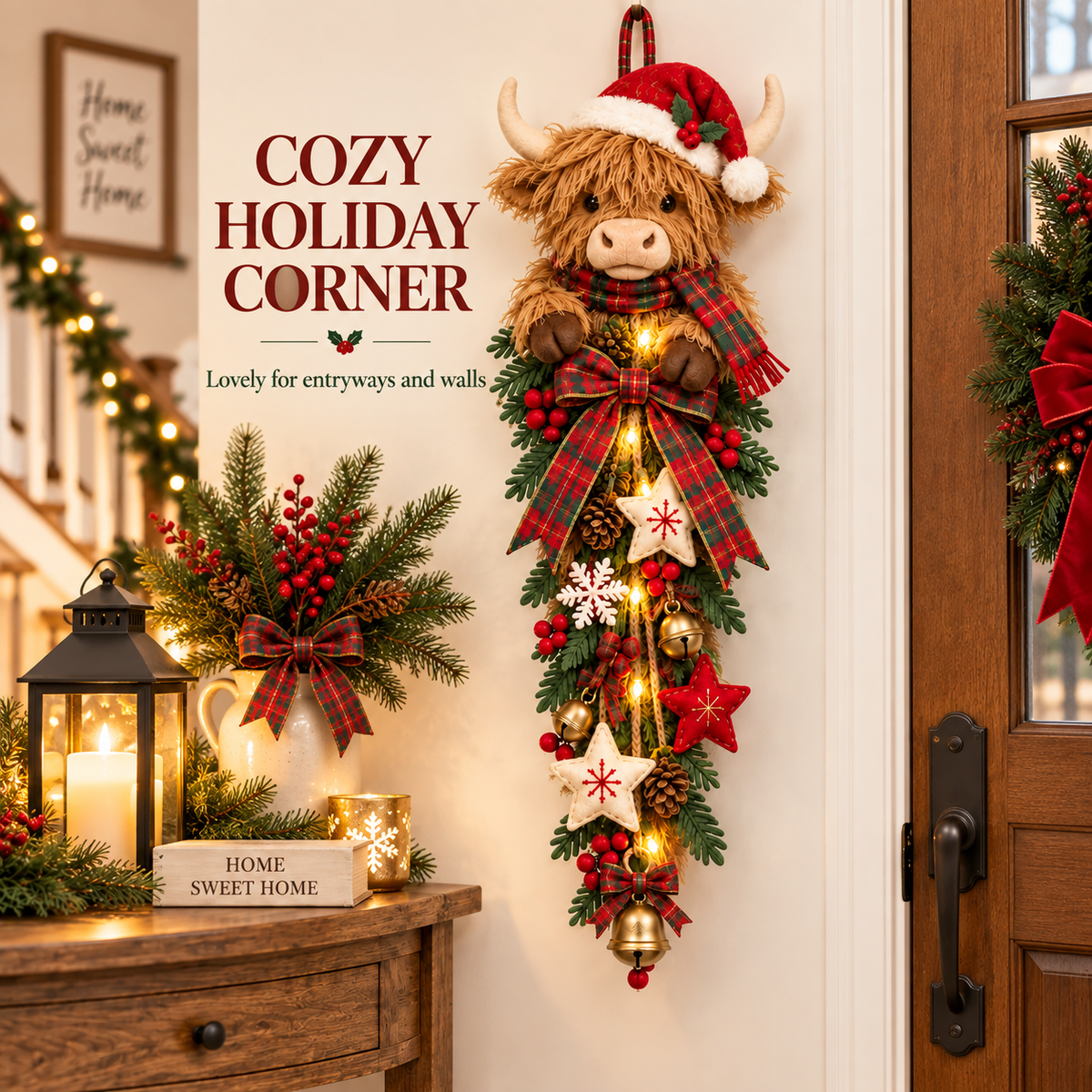 ✨🎄 Lighted Highland Cow Christmas Door Swag – A Cozy Holiday Welcome