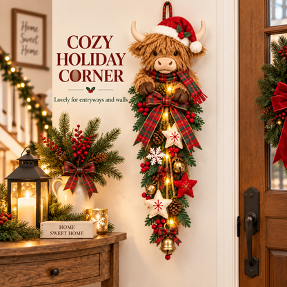 ✨🎄 Lighted Highland Cow Christmas Door Swag – A Cozy Holiday Welcome