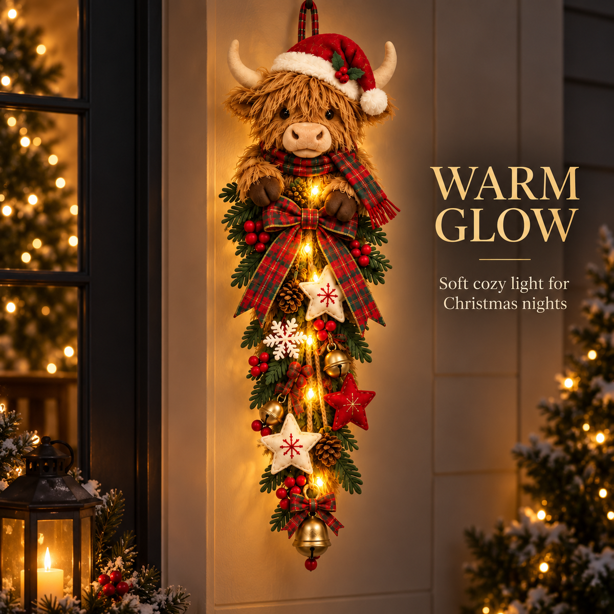 ✨🎄 Lighted Highland Cow Christmas Door Swag – A Cozy Holiday Welcome
