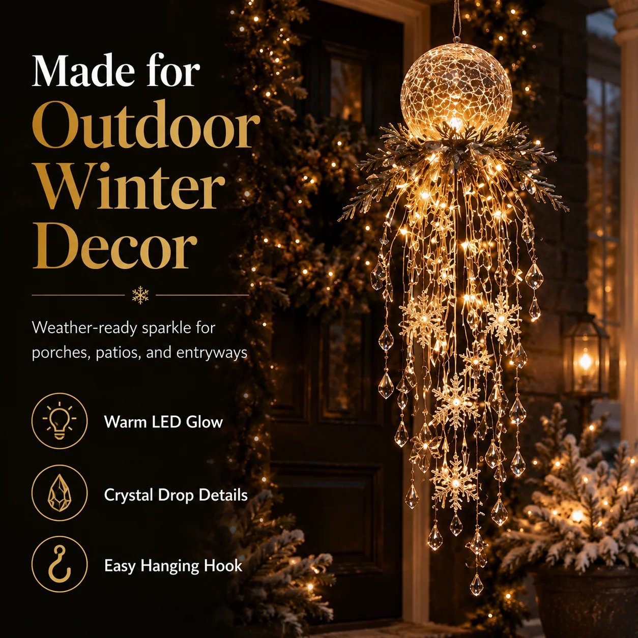 Crystal Cascade Christmas Hanging Light – Snowflake & Crystal LED Porch Décor