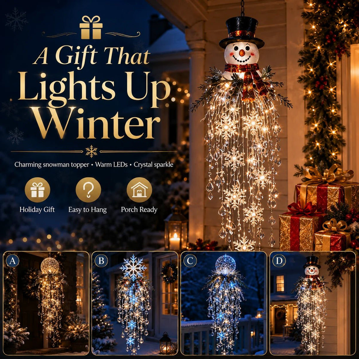 Crystal Cascade Christmas Hanging Light – Snowflake & Crystal LED Porch Décor