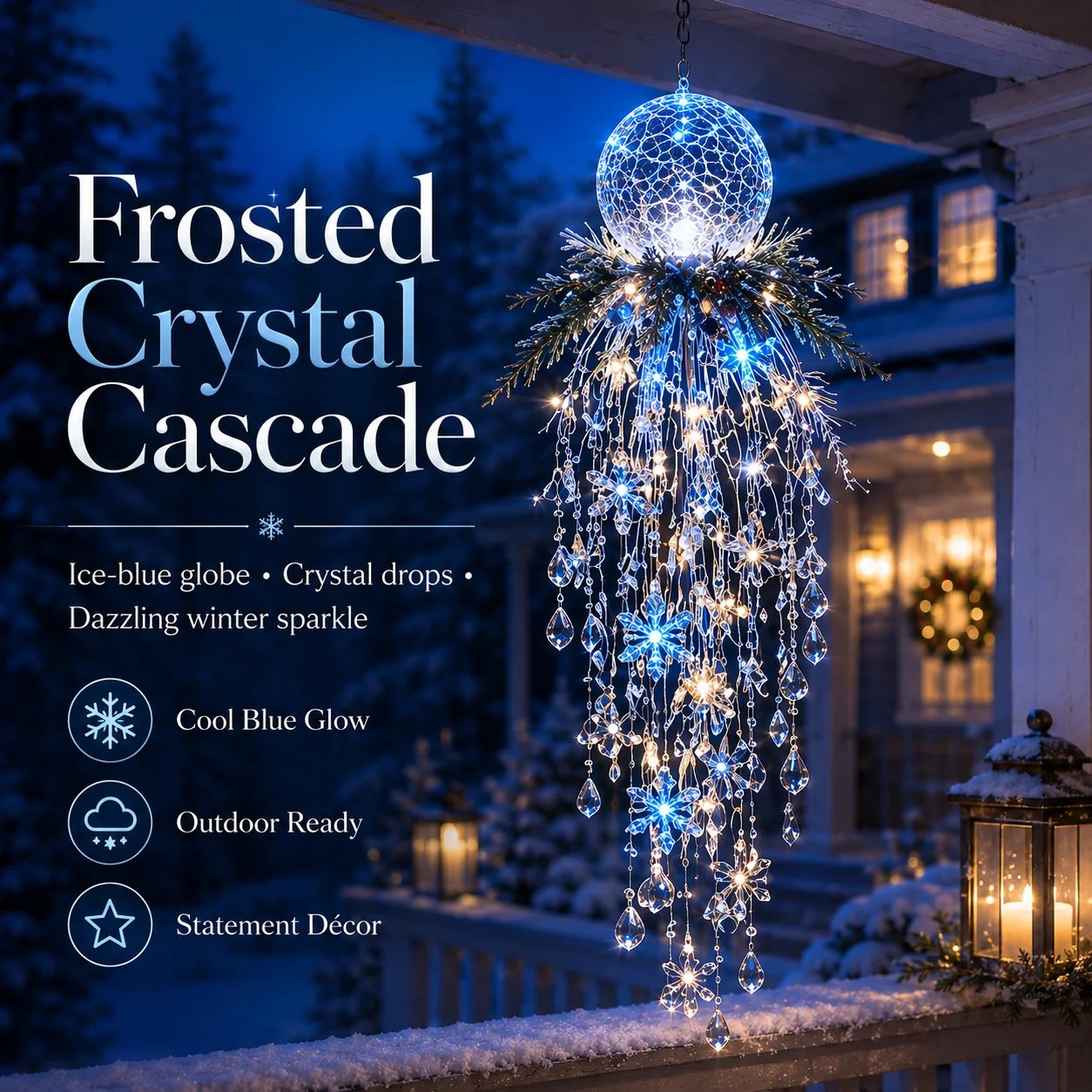 Crystal Cascade Christmas Hanging Light – Snowflake & Crystal LED Porch Décor