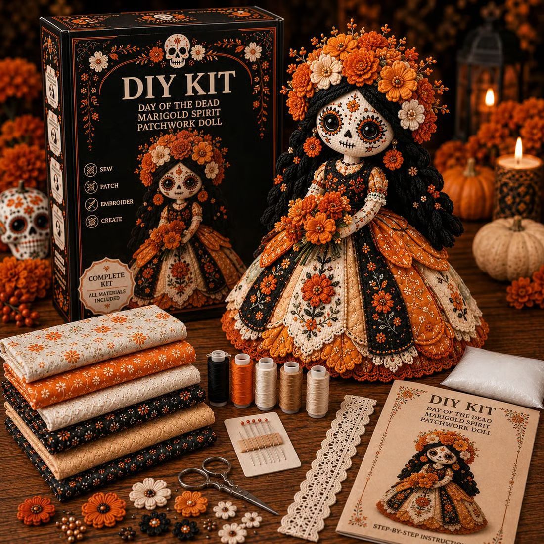 🎃 Day of the Dead Patchwork Doll DIY Sewing Kit – Handmade Fabric Doll Making Kit with Floral Details