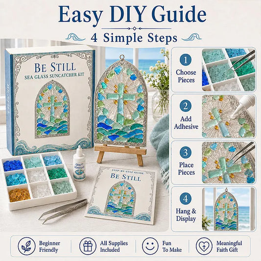 🎅 2026 Christmas Gift 50% Off--“Be Still” Christian Sea Glass Suncatcher DIY Kit – Cross & Ocean Wave Stained Glass Craft, Psalm 46:10 Faith-Inspired Window Décor and Religious Gift