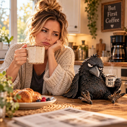 ☕🐦‍⬛ Grumpy Coffee Raven™ – Funny Coffee Bar & Desk Figurine