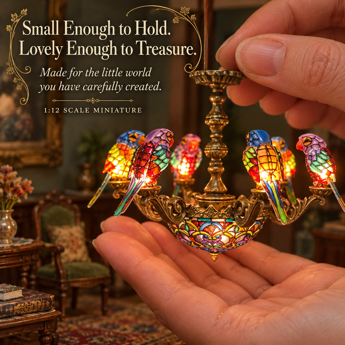 🦜✨ Prism Perch – Lighted Parrot Chandelier for 1:12 Dollhouses