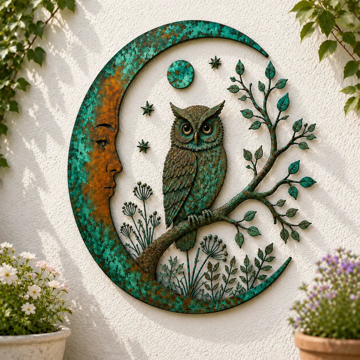 🌙 Crescent Moon Owl Metal Wall Art 🦉 – A Timeless Woodland Accent for Garden, Porch & Home
