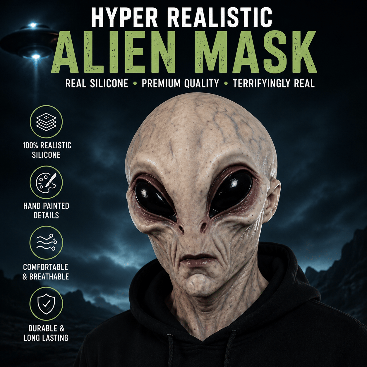 👽 Lifelike Alien Silicone Mask – Realistic Sci-Fi Halloween & Cosplay Transformation