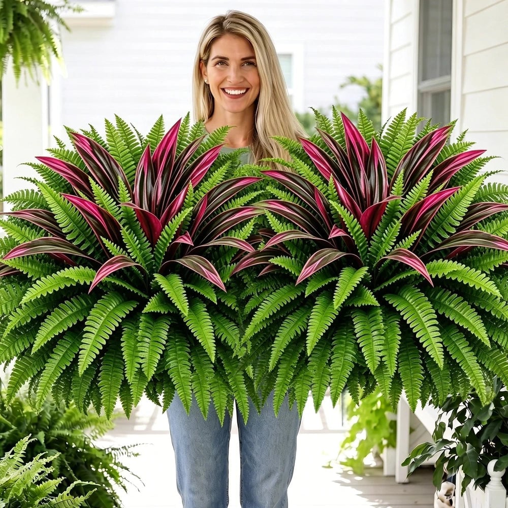 🌿 UV-Resistant Artificial Fern & Red Dracaena – Full, Lush Porch & Patio Greenery