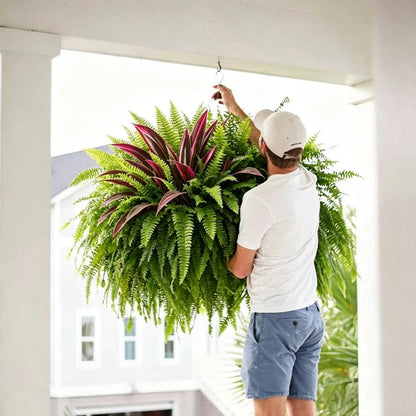 🌿 UV-Resistant Artificial Fern & Red Dracaena – Full, Lush Porch & Patio Greenery