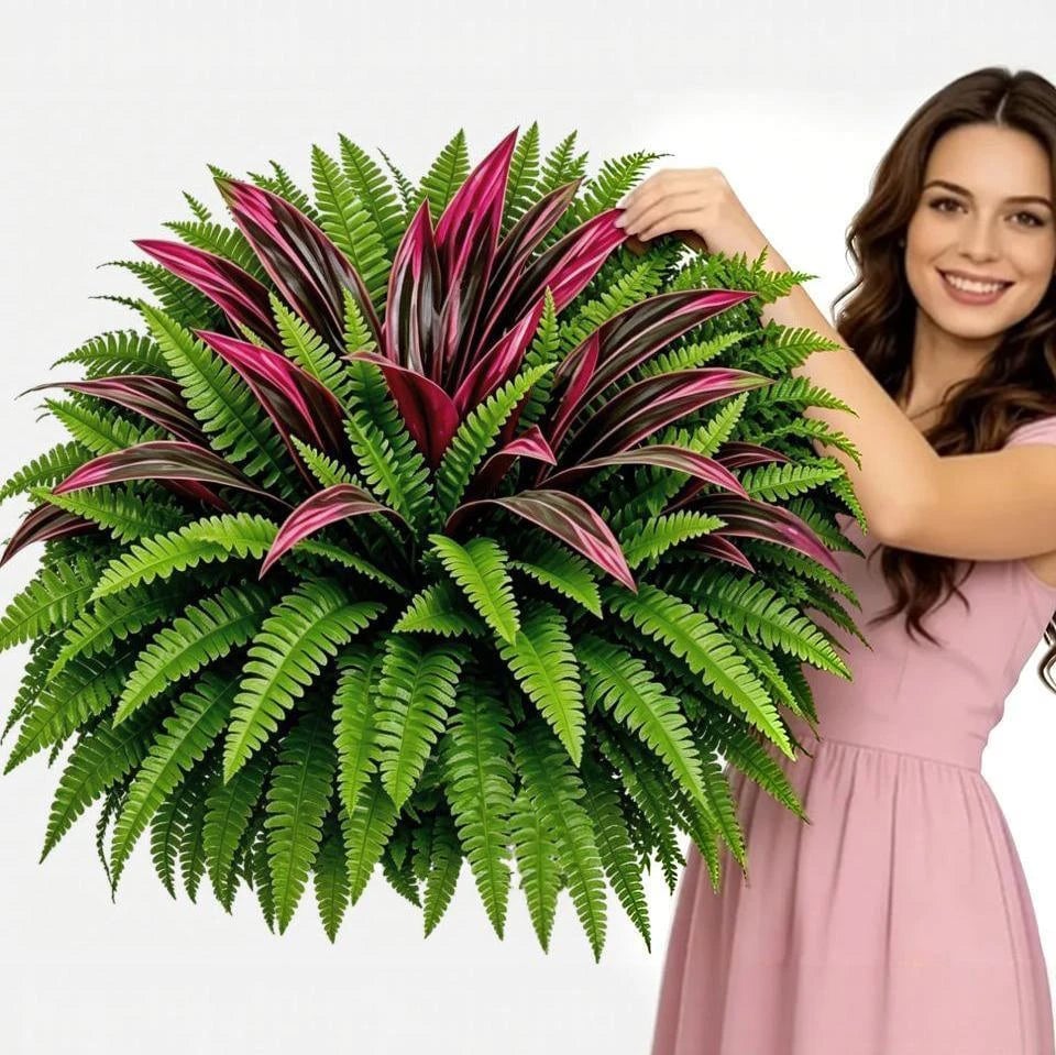 🌿 UV-Resistant Artificial Fern & Red Dracaena – Full, Lush Porch & Patio Greenery