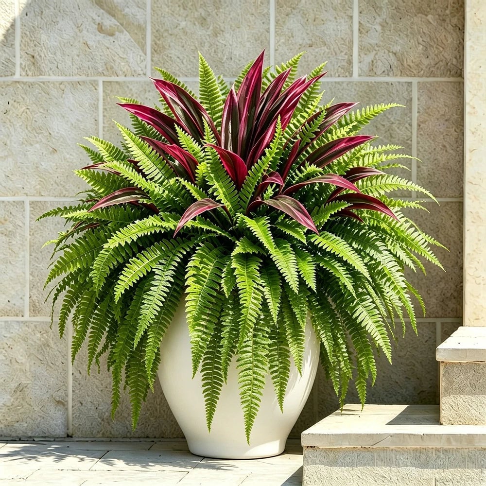 🌿 UV-Resistant Artificial Fern & Red Dracaena – Full, Lush Porch & Patio Greenery