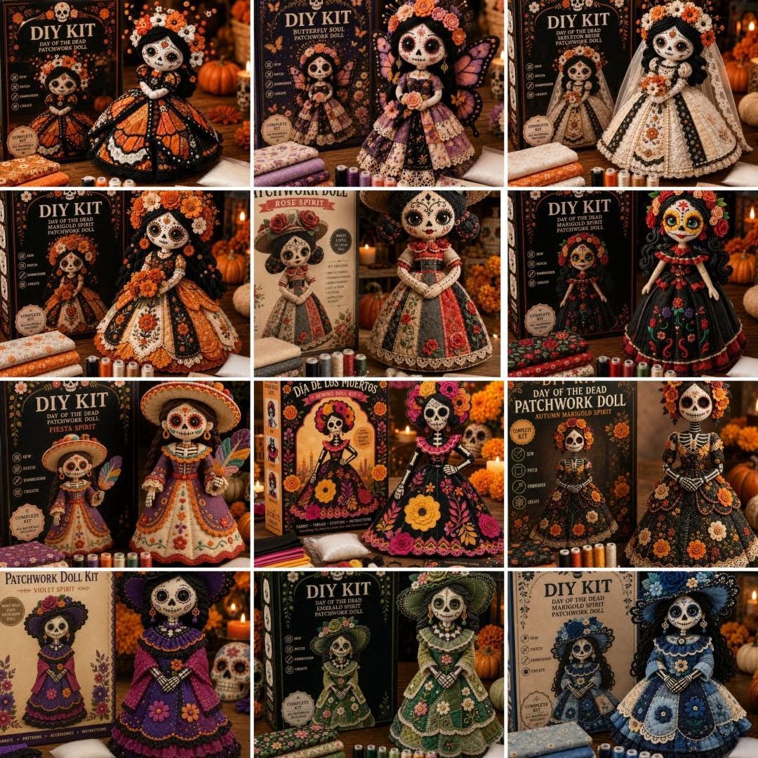 🎃 Day of the Dead Patchwork Doll DIY Sewing Kit – Handmade Fabric Doll Making Kit with Floral Details